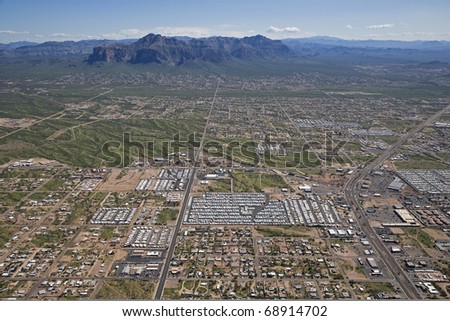 Apache Junction, Arizona where Winter visitors gather to enjoy sunshine and warm weather in the shadow of the Superstition Mountains
