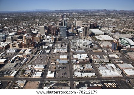 Aerial look at the Phoenix, Arizona skyline