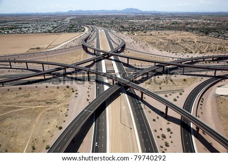 Aerial view of the Loop 202 Red Mountain and the Route 60 Superstition Freeway Interchange in east Mesa, Arizona