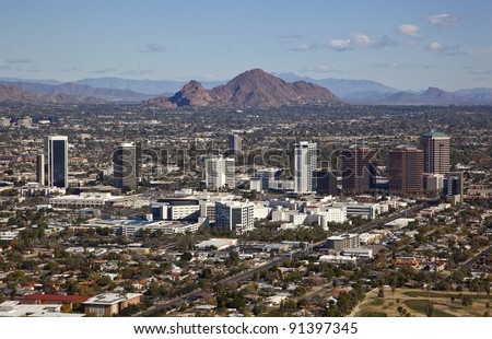 Phoenix, Arizona skyline along Central Avenue with Camelback Mountain in the distance