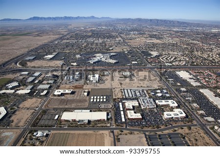 Aerial view of a mix of Industrial, Retail and Residential in the desert southwest