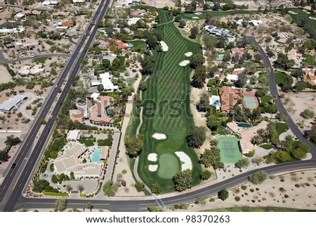 Golf Course hole with sand traps in Paradise Valley from above