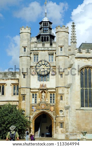 Clock on King Edward\'s Tower at Great Court in Trinity College, Cambridge, United Kingdom