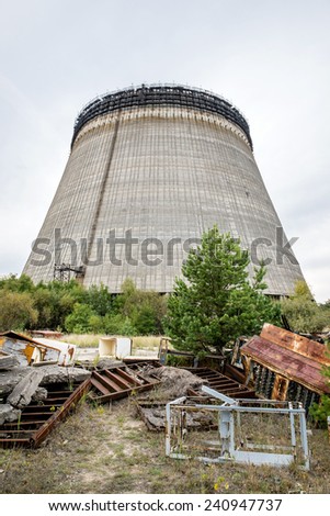 Reactor no. 5 cooling tower in Chernobyl Nuclear Power Plant Zone of Alienation, Ukraine