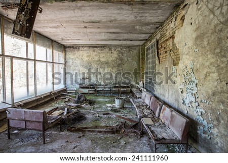 waiting room in no. 126 hospital in Pripyat ghost town, Chernobyl Nuclear Power Plant Zone of Alienation, Ukraine