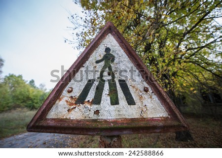 Pedestrian crossing sign in Chernobyl-2 military complex (next to Duga-3 radar system), Chernobyl Nuclear Power Plant Zone of Alienation, Ukraine