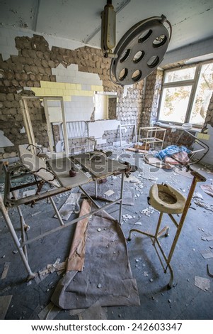 delivery room in No. 126 hospital in Pripyat ghost town, Chernobyl Nuclear Power Plant Zone of Alienation, Ukraine