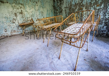 maternity ward in No. 126 hospital in Pripyat ghost town, Chernobyl Nuclear Power Plant Zone of Alienation, Ukraine