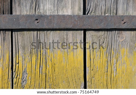 old weathered planks with vertical wood grains and yellow moss
