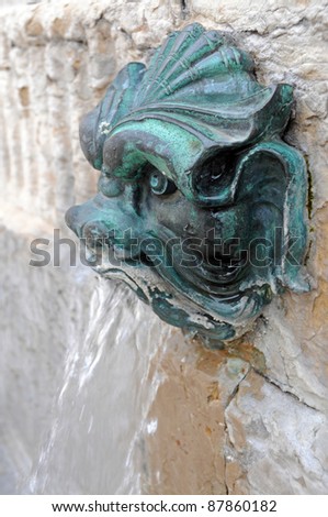 Close up on metal lion head pouring water - foutain at Place Saint Jean in Lyon, France