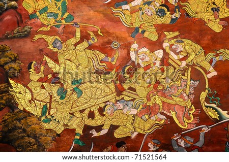 Thai mural in Prakeaw temple, Bangkok, Thailand. It is a part of Ramayana story. This mural is public domain, And Prakeaw temple is opened and allow for visiting tourists.