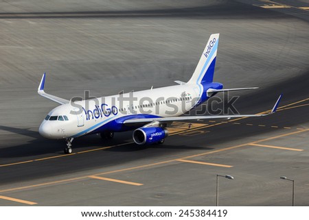DUBAI - JANUARY 9: An Indian airline, Indigo, A320 plane is taxing to the gate after her arrival at the Dubai International Airport as seen on January 9, 2015.