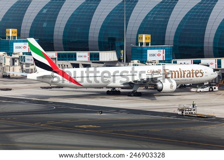 DUBAI - JANUARY 9: An Emirates plane is getting ready for push back and take off as seen on January 9, 2015.