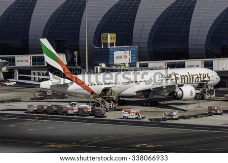 DUBAI - OCTOBER 30: An Emirates plane is getting ready for take off and push back as seen on October 30, 2015.