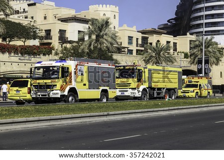 DUBAI - JANUARY 1: The address hotel caught fire on the new years eve. This is the fire fighting cars as seen on January 1, 2016.