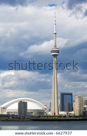 Downtown Toronto - including the Rogers Centre, and CN Tower - just before a summer shower.