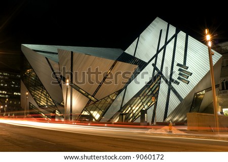A night shot of the north face of the Royal Ontario Museum in Toronto, Canada, showing the new Michael Lee-Chin Crystal extension designed by Daniel Libeskind.
