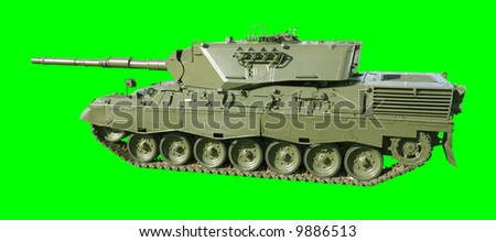 A German-built Leopard main battle tank set on a green background for easy isolation. (The JPEG file also includes a clipping path to isolate the tank.)