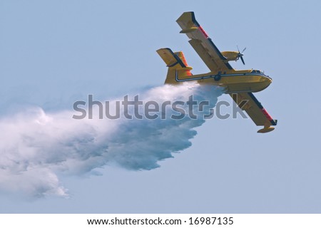 A twin-engined water bomber dumping its load on a forest fire.