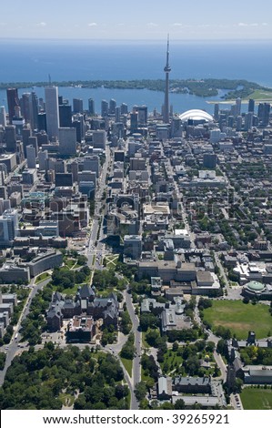 Downtown Toronto, Canada, seen from just above Bloor Street West and Queens Park, looking south towards the Toronto Islands.