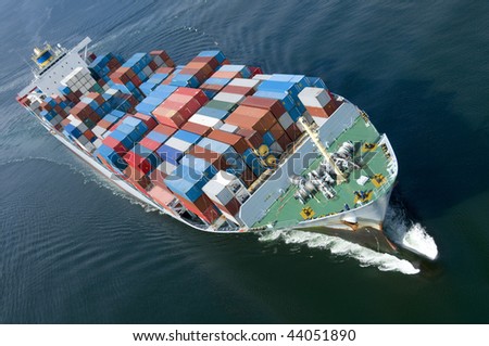 An aerial view of a container ship.
