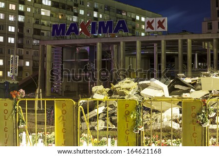 Riga, Latvia - 25 November 2013: Third day of National Mourning in Baltic Countries after roof of Maxima supermarket in Riga, Latvia unexpectably collapsed killing 51 people.