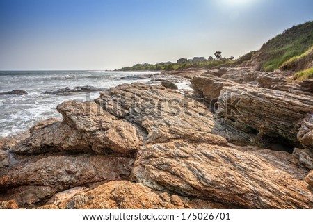 Tropical beach with palm tree and wave crashing on rocks in Ghana, West Africa