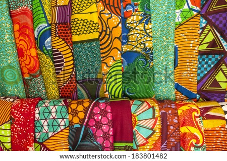 African traditional fabrics in a shop in Ghana, West Africa