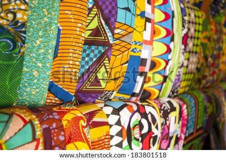 African traditional fabrics in a shop in Ghana, West Africa