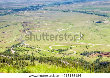 Landscape of huge, flat plateau, prairie in Wyoming, USA.