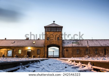 Main gate to nazi concentration camp of Auschwitz Birkenau, Poland