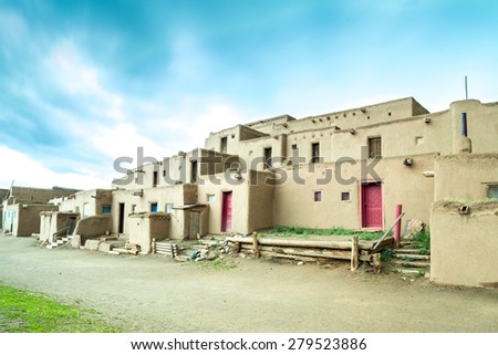 Taos adobe settlement represents the culture of the Pueblo Indians of Arizona and New Mexico, USA