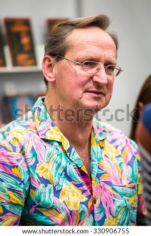 Krakow, Poland - October 24, 2015: Wojciech Cejrowski signing his books on 19th International Book Fair in Krakow