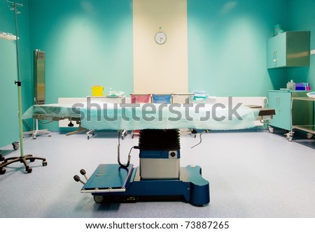 Operating room ready for operation with clock behind operating table