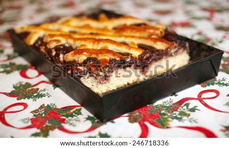 Closeup of a christmas plum pie surface. Delicious fruity cake as a background. 	Freshly baked plum cake on christmas table