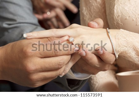 Diamond wedding ring,groom and bride hand in wedding ceremony