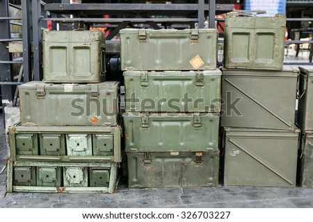WW2 Ammo Boxes,Pile of vintage metal boxes