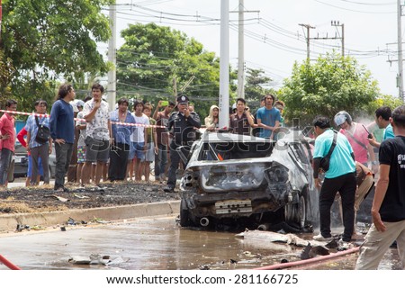 THAILAND- 24 May : Car fire due to a gas explosion. Be car crash. The damaged on car and driver died in car. On the Highway No.4 (Phet Kasem road). May 24,2015 in nakhon pathom province,thailand
