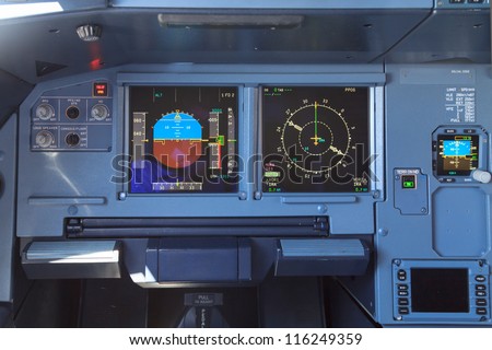 Screens in an airplane cockpit - the control panel for directions, fuel and horizon among others