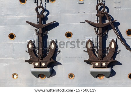 Twin anchors of Aurora, the ship starting the october revolution, in St. Petersburg