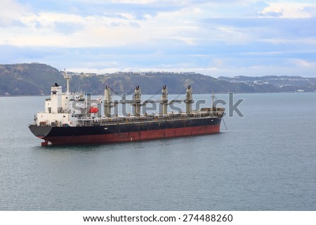 An oil tanker at anchor near Wellington in New Zealand