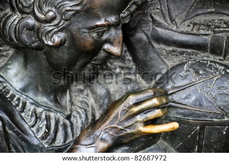 The metal sculpture of Columbus in Torino, Italy. Striking the finger means luck.