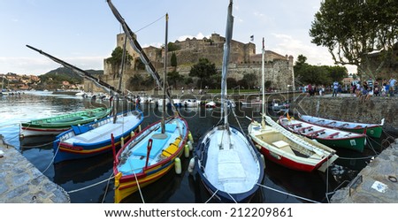 COLLIOURE, FRANCE - AUGUST 06: Collioure,  royal fortress and port panorama in south of France, Mediterranean sea, Languedoc Roussillon, Pyrenees Orientales on August 06, 2014 in Collioure, France