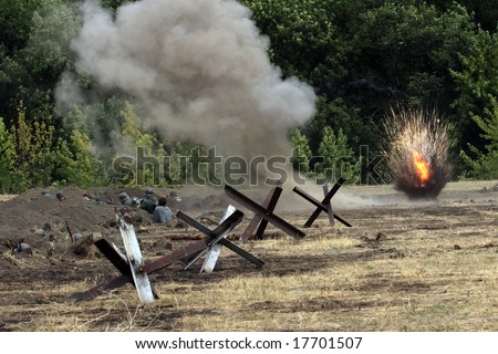 Explosions on a battlefield. Military - historical reconstruction \