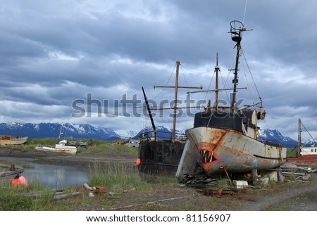 Old rusted ships in junk yard, Alaska, USA