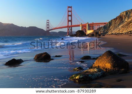 Golden Gate Bridge is shown on sunset , San Francisco, California