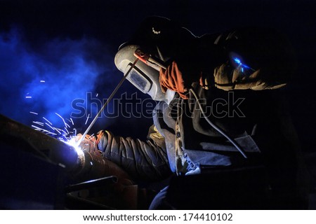 Welder With Protective Mask Welding Metal And Sparks