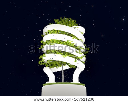 A fluorescent light bulb glowing in the night with a tree growing through it\'s center symbolizing the conservation of nature by using a more efficient and environmental friendly source of light.