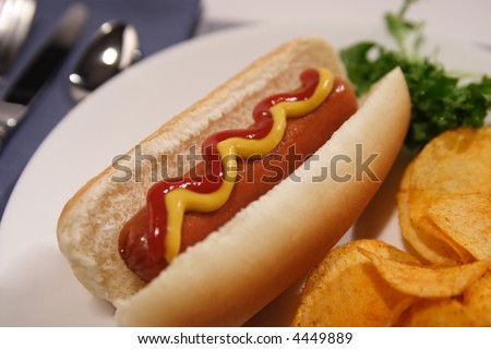一个热狗的储蓄图象在小圆面包、芯片和荷兰芹