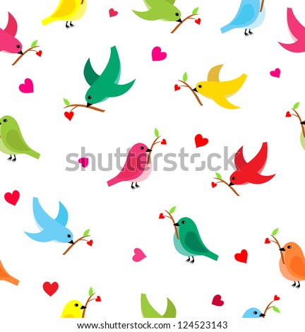 Pattern With Flying Birds Carrying A Branch With A Heart. Seamless Pattern Can Be Used For Wallpaper, Pattern Fills, Web Page Background,Surface Textures.